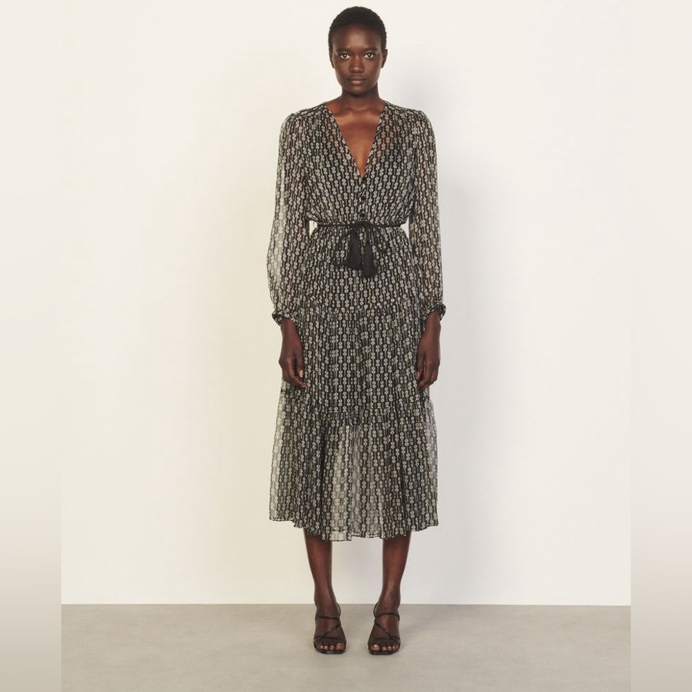 Sandro Angela Silk Dress Black White Print Size 42 NWT Missing Slip